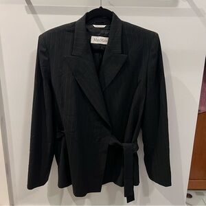 Max Mara Black Pin Stripe Wool Wrap Blazer Jacket 12 US 46 IT